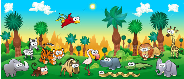 Green Forest with Wild Animals - Animals Characters
