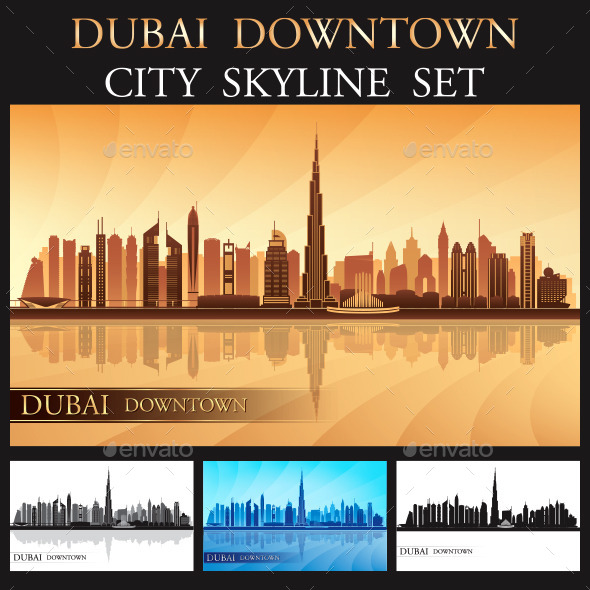 Dubai Downtown Skyline Silhouettes Set - Buildings Objects