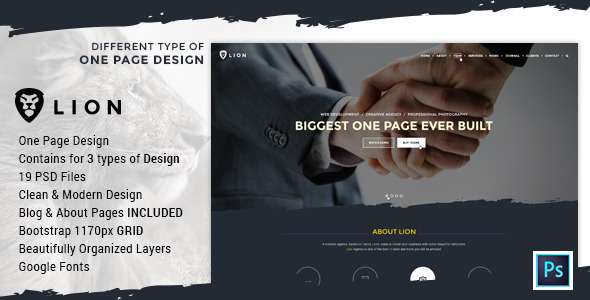 Lion - Multipurpose One Page PSD Template 