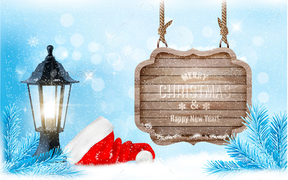 Winter Christmas with a Sign Lantern and Hat - Christmas Seasons/Holidays
