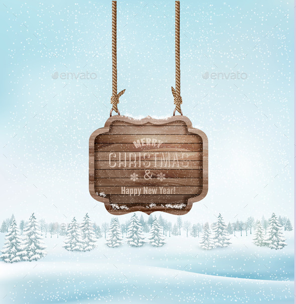 Winter Christmas Landscape with a Wooden Sign - Christmas Seasons/Holidays