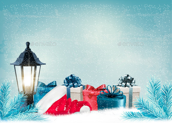 Christmas Background with a Lantern and Presents - Christmas Seasons/Holidays