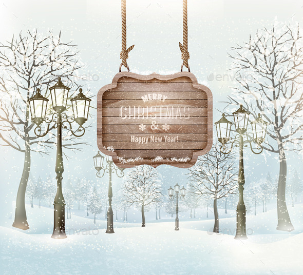 Winter Christmas Landscape with a Wooden Sign - Christmas Seasons/Holidays