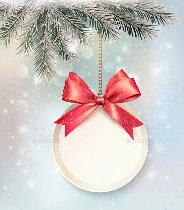 Christmas Background with a Label and a Bow - Christmas Seasons/Holidays