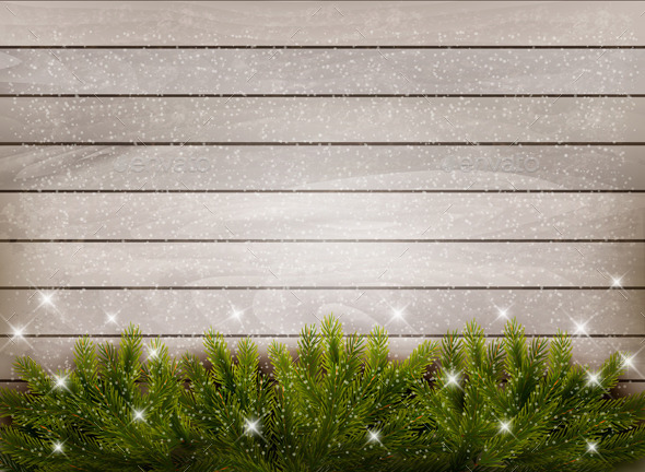 Christmas Wooden Background with Branches - Christmas Seasons/Holidays