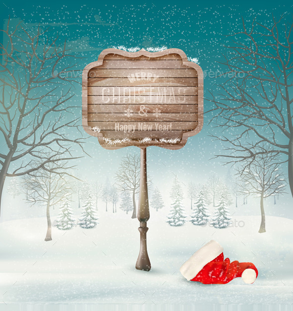 Winter Christmas Landscape with a Wooden Sign - Christmas Seasons/Holidays