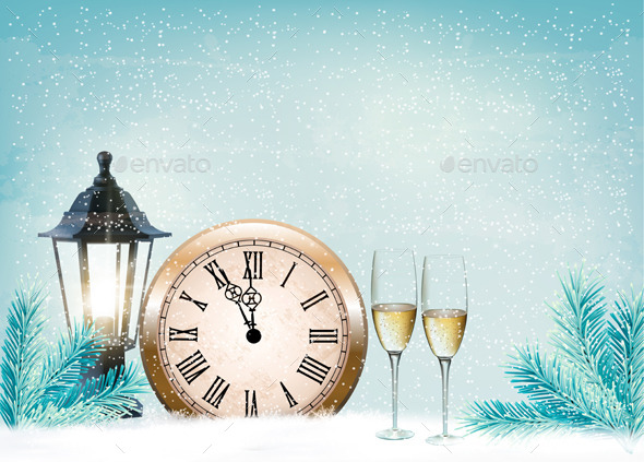 Holiday Retro Background with Champagne Glasses - New Year Seasons/Holidays
