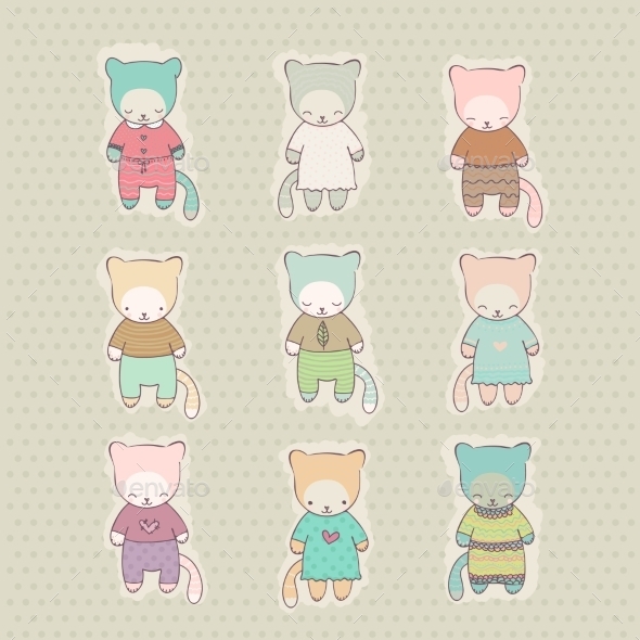 Set of Cartoon Cats Dressed - Animals Characters