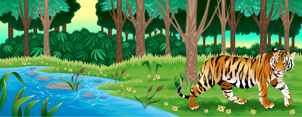 Green Forest with a Tiger - Animals Characters