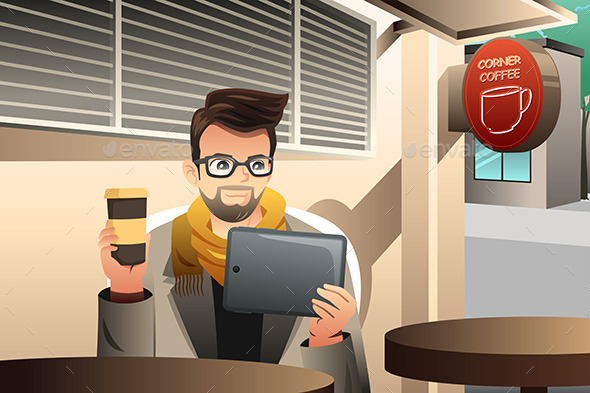 Young Man Using Tablet in a Cafe - People Characters