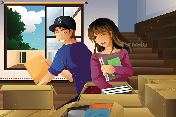 Young Couple Unpacking Boxes - People Characters