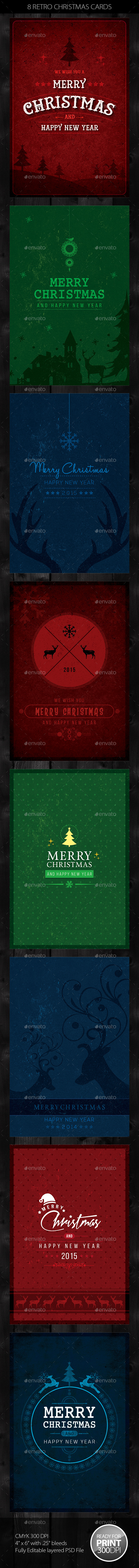 8 Retro Christmas Cards / Invite - Holiday Greeting Cards