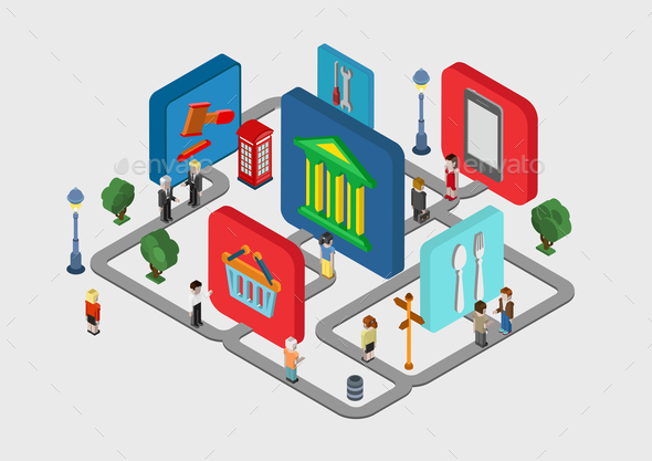 Flat 3D Isometric City Navigation Icons - Communications Technology