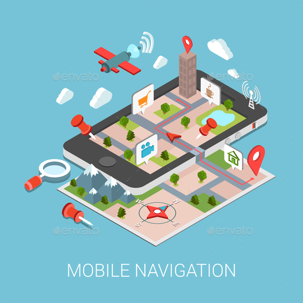 Flat 3D Isometric Mobile Navigation Infographic - Concepts Business