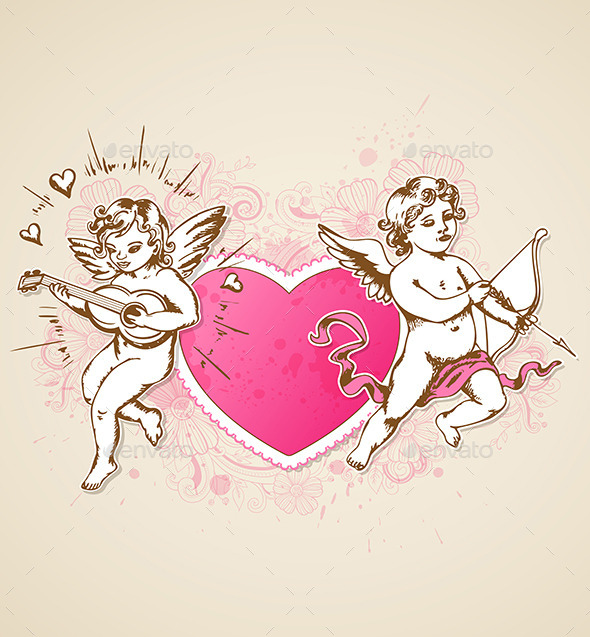 Pink Heart and Cupids - Valentines Seasons/Holidays
