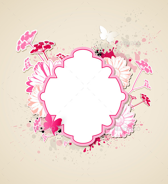 Label with Pink Flowers and Butterflies - Backgrounds Decorative