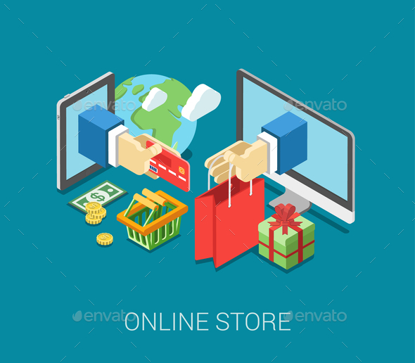 Flat 3D Isometric E-Commerce Web Infographic - Concepts Business