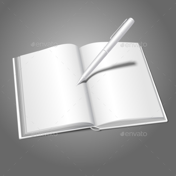 Blank White Realistic Opened Book and Pen - Man-made Objects Objects