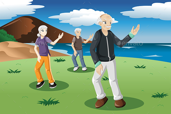 Senior People Exercising Tai-Chi Outdoor - People Characters