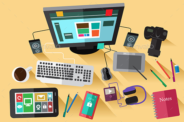 Office Table Viewed from Above - Objects Vectors