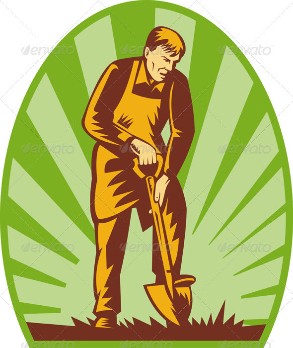 Gradener Landscaper Digging With Shovel Retro - Industries Business