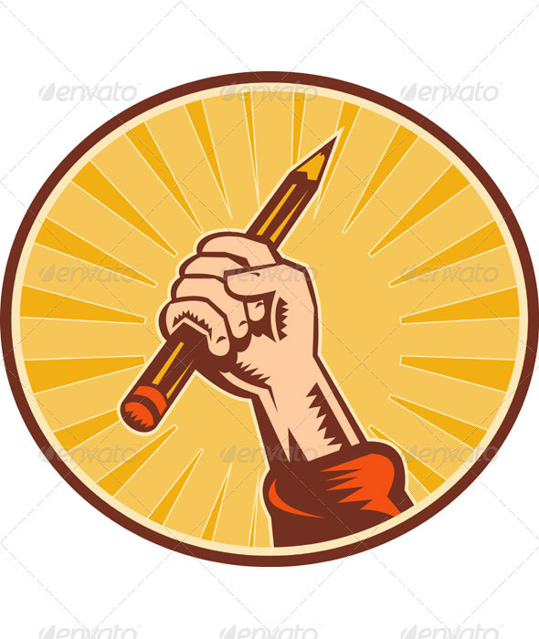 Hand Holding Pencil Retro Woodcut Style - Objects Vectors