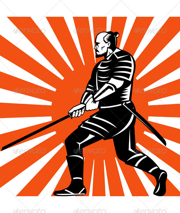 Samurai Warrior With Katana Sword Retro Style