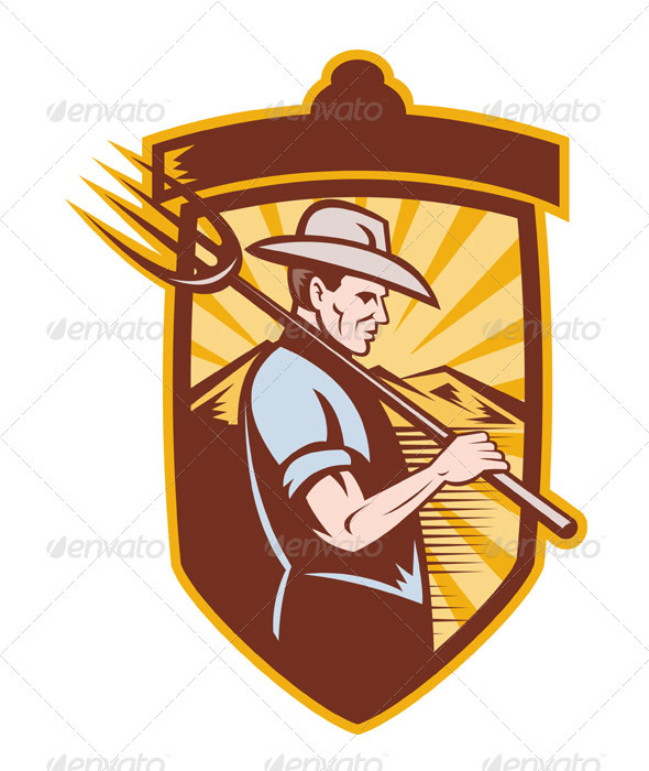 Farmer With Pitch Fork Side View Retro Style - Industries Business
