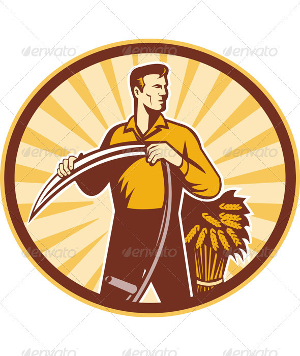 Farmer With Scythe And Wheat Crop Harvest
