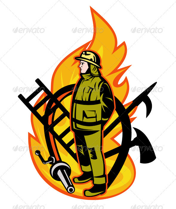 Fireman Firefighter With Fire Hose And Spear Hook - People Characters