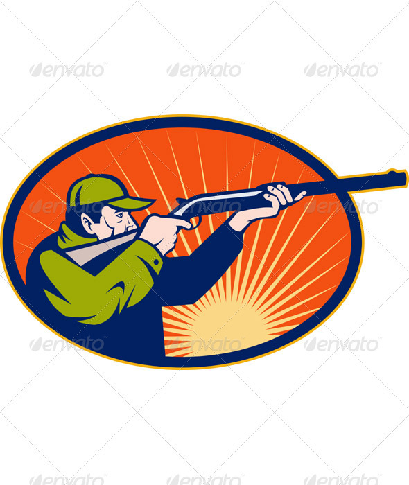 Hunter With Shotgun Rifle Aiming Side