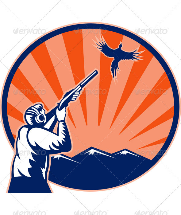 Hunter With Shotgun Rifle Aiming At Pheasant Bird