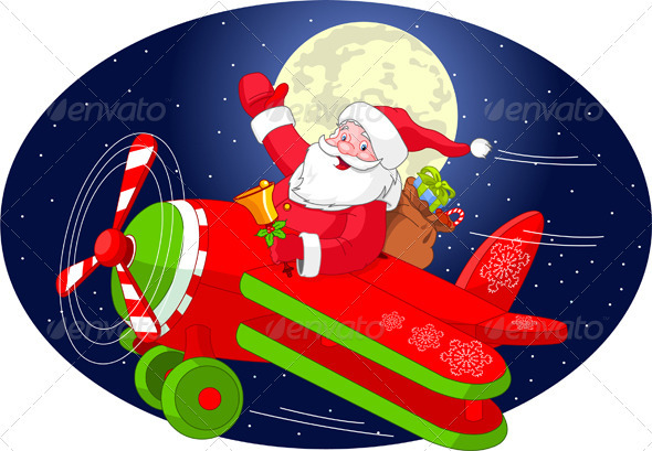 Santa is flying in an airplane - Christmas Seasons/Holidays