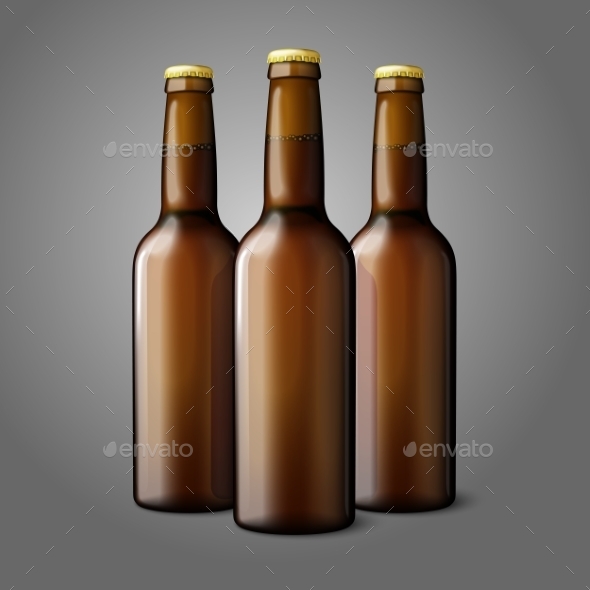 Three Blank Brown Realistic Beer Bottles - Man-made Objects Objects