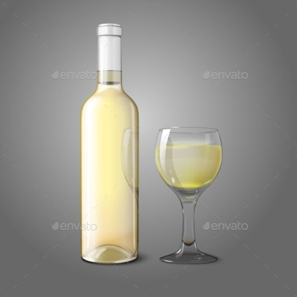 Blank Realistic Bottle for White Wine with Glass - Man-made Objects Objects
