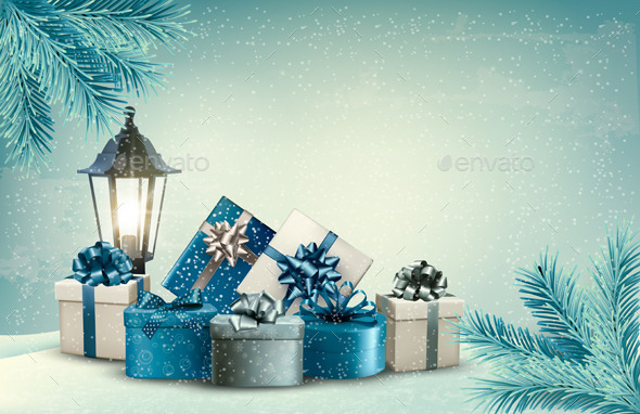Christmas Background with a Lantern and Presents - Christmas Seasons/Holidays