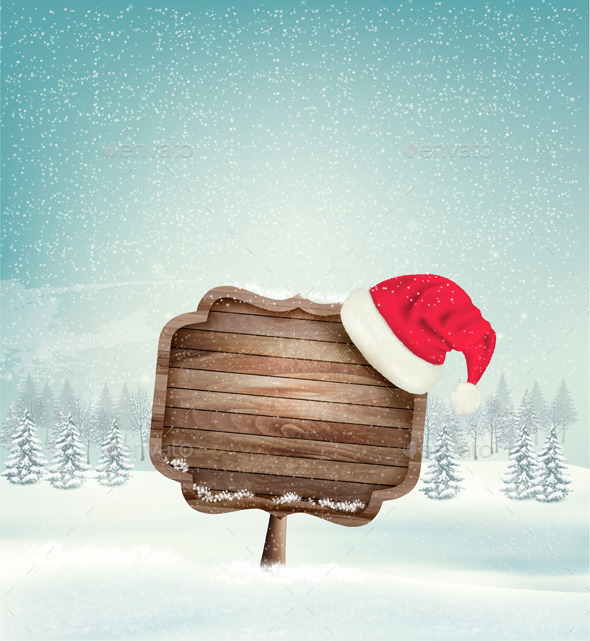 Winter Christmas Landscape with a Wooden Sign - Christmas Seasons/Holidays