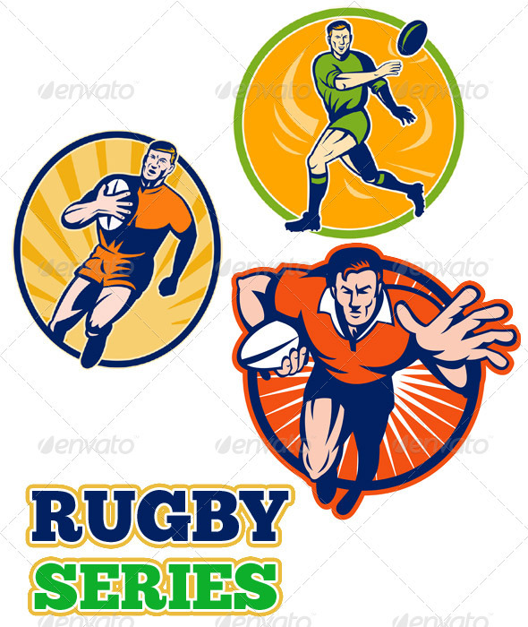 Rugby Player Running Passing Retro Collection Set - Sports/Activity Conceptual