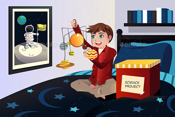 Boy making a Solar System Science Project - People Characters