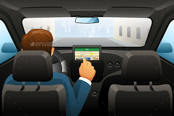 Driving Man Using GPS to Find a Location - People Characters