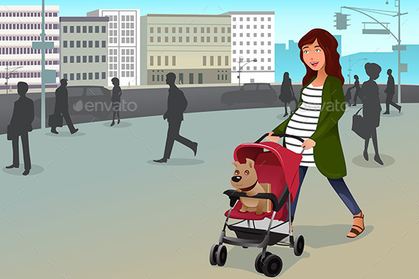 Pregnant Woman Walking with her Dog - People Characters