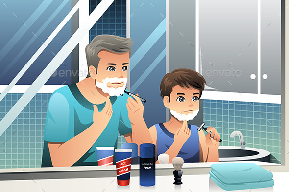 Father and Son Shaving - People Characters