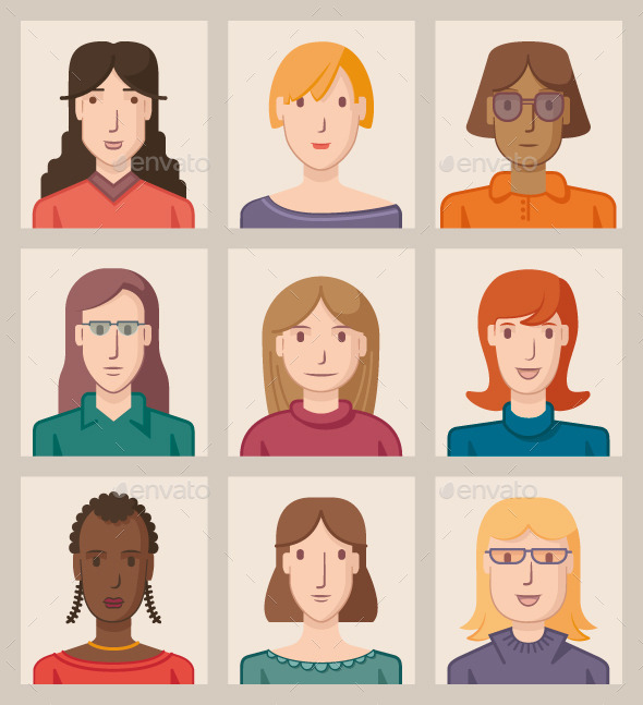 Nine Female Avatars - People Characters