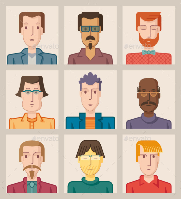 Nine Male Avatars. Flat - People Characters