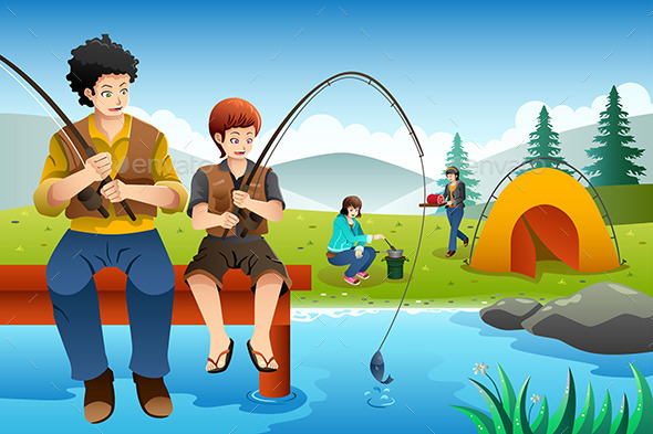 Family Going Fishing on a Camping Trip - Travel Conceptual