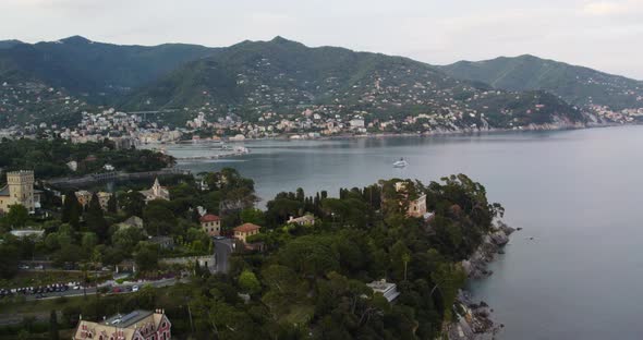 Charming Mediterranean coastal village of Santa Margherita Ligure; aerial alt