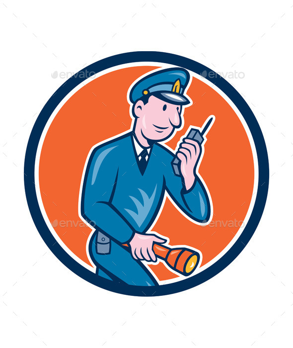 Policeman with Radio and Flashlight Retro Circle - Sports/Activity Conceptual