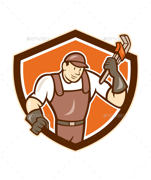 Plumber Holding Monkey Wrench Shield Cartoon - People Characters