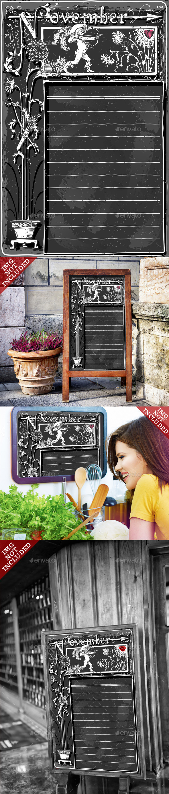 Vintage November Page with Cupid on Blackboard - Backgrounds Decorative