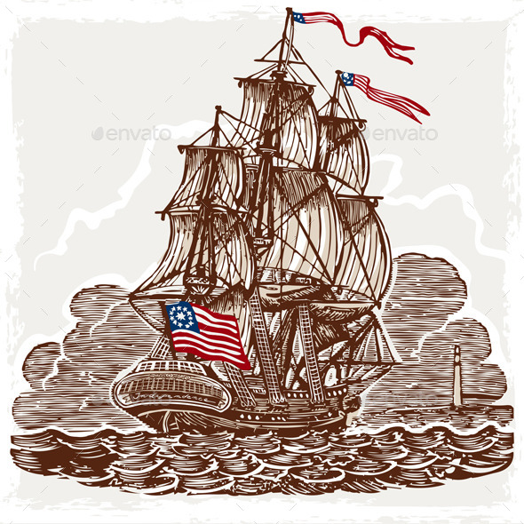 Vintage Page with American Vessel on Seas - Objects Vectors